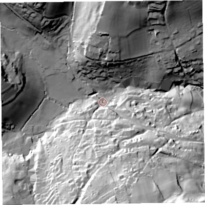 Shaded relief map of the ground around DT73TF, computed from Environment Agency LiDAR. The ground here sits at about 54 m above sea level and falls 77 m across the surrounding 800 m. Surface water reaching this point runs off ground lying to the south-south-east, 60.4 m higher.