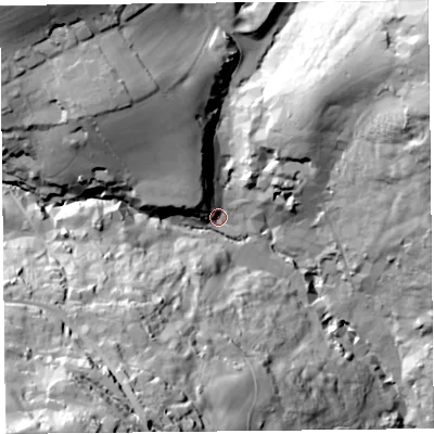 Shaded relief map of the ground around DT73UA, computed from Environment Agency LiDAR. The ground here sits at about 36 m above sea level and falls 93 m across the surrounding 800 m. Surface water reaching this point runs off ground lying to the north-west, 15.6 m higher.