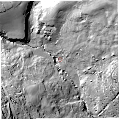 Shaded relief map of the ground around DT73UB, computed from Environment Agency LiDAR. The ground here sits at about 30 m above sea level and falls 83 m across the surrounding 800 m. Surface water reaching this point runs off ground lying to the north-east, 74.0 m higher.