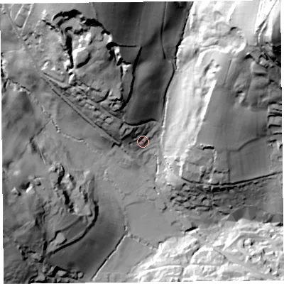 Shaded relief map of the ground around DT73XJ, computed from Environment Agency LiDAR. The ground here sits at about 58 m above sea level and falls 90 m across the surrounding 800 m. Surface water reaching this point runs off ground lying to the north-north-west, 23.9 m higher.
