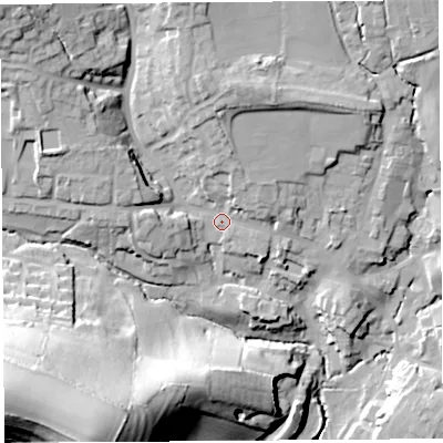 Shaded relief map of the ground around DT83AG, computed from Environment Agency LiDAR. The ground here sits at about 60 m above sea level and falls 64 m across the surrounding 800 m. Surface water reaching this point runs off ground lying to the north-west, 25.0 m higher.