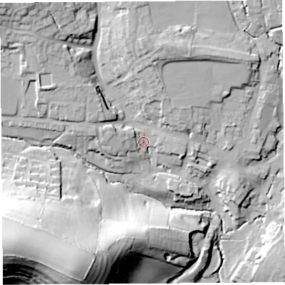 Shaded relief map of the ground around DT83AH, computed from Environment Agency LiDAR. The ground here sits at about 60 m above sea level and falls 64 m across the surrounding 800 m. Surface water reaching this point runs off ground lying to the north-west, 24.1 m higher.