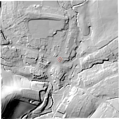 Shaded relief map of the ground around DT83AW, computed from Environment Agency LiDAR. The ground here sits at about 59 m above sea level and falls 56 m across the surrounding 800 m. Surface water reaching this point runs off ground lying to the north-west, 3.1 m higher.