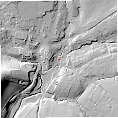 Shaded relief map of the ground around DT83AY, computed from Environment Agency LiDAR. The ground here sits at about 53 m above sea level and falls 40 m across the surrounding 800 m. Surface water reaching this point runs off ground lying to the north-west, 17.8 m higher.