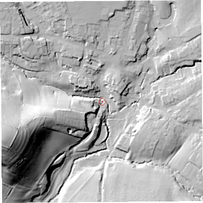 Shaded relief map of the ground around DT83BB, computed from Environment Agency LiDAR. The ground here sits at about 51 m above sea level and falls 66 m across the surrounding 800 m. Surface water reaching this point runs off ground lying to the west-south-west, 61.2 m higher.