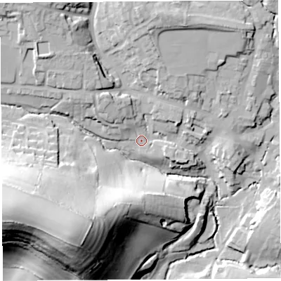 Shaded relief map of the ground around DT83BD, computed from Environment Agency LiDAR. The ground here sits at about 59 m above sea level and falls 66 m across the surrounding 800 m. Surface water reaching this point runs off ground lying to the north-west, 7.3 m higher.