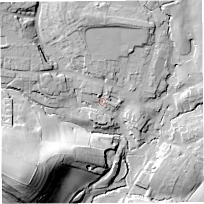Shaded relief map of the ground around DT83BE, computed from Environment Agency LiDAR. The ground here sits at about 56 m above sea level and falls 65 m across the surrounding 800 m. Surface water reaching this point runs off ground lying to the north-west, 21.7 m higher.