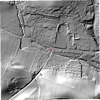 Shaded relief map of the ground around DT83BH, computed from Environment Agency LiDAR. The ground here sits at about 66 m above sea level and falls 53 m across the surrounding 800 m. Surface water reaching this point runs off ground lying to the west-south-west, 25.8 m higher.