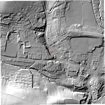 Shaded relief map of the ground around DT83BQ, computed from Environment Agency LiDAR. The ground here sits at about 61 m above sea level and falls 61 m across the surrounding 800 m. Surface water reaching this point runs off ground lying to the north-west, 29.4 m higher.