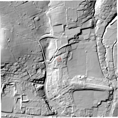 Shaded relief map of the ground around DT83BT, computed from Environment Agency LiDAR. The ground here sits at about 75 m above sea level and falls 34 m across the surrounding 800 m. Surface water reaching this point runs off ground lying to the north-north-east, 4.3 m higher.