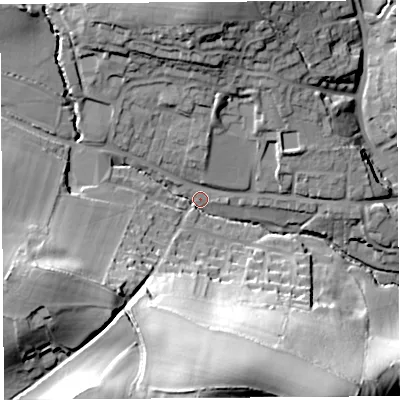 Shaded relief map of the ground around DT83BZ, computed from Environment Agency LiDAR. The ground here sits at about 66 m above sea level and falls 54 m across the surrounding 800 m. Surface water reaching this point runs off ground lying to the south, 43.9 m higher.