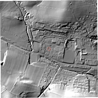 Shaded relief map of the ground around DT83DF, computed from Environment Agency LiDAR. The ground here sits at about 70 m above sea level and falls 41 m across the surrounding 800 m. Surface water reaching this point runs off ground lying to the north-north-east, 18.7 m higher.