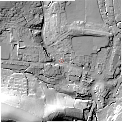 Shaded relief map of the ground around DT83DN, computed from Environment Agency LiDAR. The ground here sits at about 60 m above sea level and falls 63 m across the surrounding 800 m. Surface water reaching this point runs off ground lying to the north-west, 28.8 m higher.