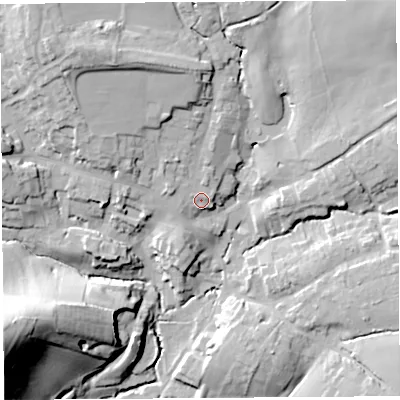 Shaded relief map of the ground around DT83DR, computed from Environment Agency LiDAR. The ground here sits at about 59 m above sea level and falls 48 m across the surrounding 800 m. Surface water reaching this point runs off ground lying to the north-west, 13.7 m higher.