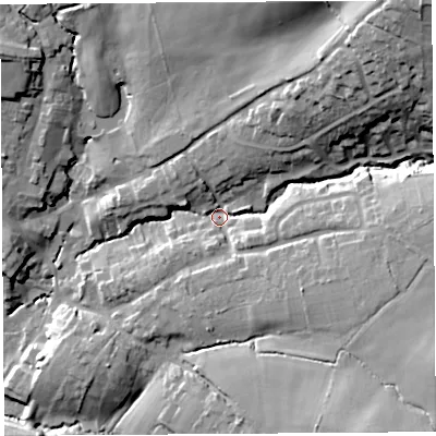 Shaded relief map of the ground around DT83DU, computed from Environment Agency LiDAR. The ground here sits at about 58 m above sea level and falls 41 m across the surrounding 800 m. Surface water reaching this point runs off ground lying to the north-east, 32.0 m higher.