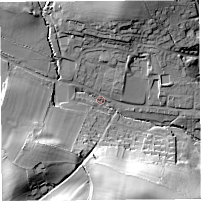 Shaded relief map of the ground around DT83DW, computed from Environment Agency LiDAR. The ground here sits at about 66 m above sea level and falls 53 m across the surrounding 800 m. Surface water reaching this point runs off ground lying to the south-west, 24.9 m higher.