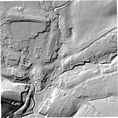 Shaded relief map of the ground around DT83DZ, computed from Environment Agency LiDAR. The ground here sits at about 55 m above sea level and falls 38 m across the surrounding 800 m. Surface water reaching this point runs off ground lying to the north-east, 30.1 m higher.