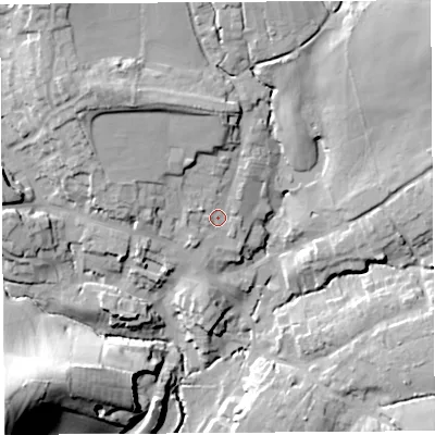 Shaded relief map of the ground around DT83EF, computed from Environment Agency LiDAR. The ground here sits at about 60 m above sea level and falls 51 m across the surrounding 800 m. Surface water reaching this point runs off ground lying to the north-west, 13.1 m higher.