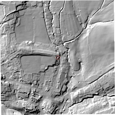 Shaded relief map of the ground around DT83EH, computed from Environment Agency LiDAR. The ground here sits at about 65 m above sea level and falls 28 m across the surrounding 800 m. Surface water reaching this point runs off ground lying to the west-north-west, 5.8 m higher.