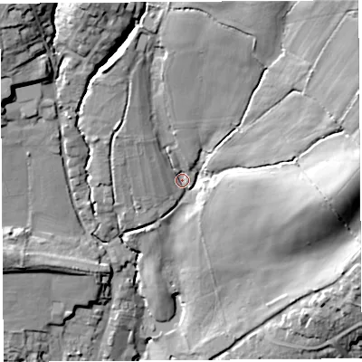 Shaded relief map of the ground around DT83EL, computed from Environment Agency LiDAR. The ground here sits at about 66 m above sea level and falls 44 m across the surrounding 800 m. Surface water reaching this point runs off ground lying to the north-north-east, 22.9 m higher.
