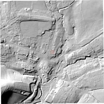 Shaded relief map of the ground around DT83EQ, computed from Environment Agency LiDAR. The ground here sits at about 59 m above sea level and falls 47 m across the surrounding 800 m. Surface water reaching this point runs off ground lying to the north-west, 13.7 m higher.