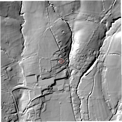 Shaded relief map of the ground around DT83ER, computed from Environment Agency LiDAR. The ground here sits at about 81 m above sea level and falls 40 m across the surrounding 800 m. Surface water reaching this point runs off ground lying to the north-north-west, 6.4 m higher.