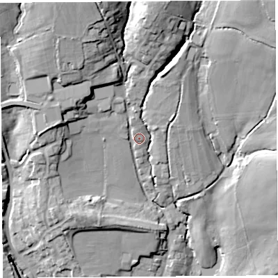 Shaded relief map of the ground around DT83EW, computed from Environment Agency LiDAR. The ground here sits at about 70 m above sea level and falls 33 m across the surrounding 800 m. Surface water reaching this point runs off ground lying to the north-north-west, 20.5 m higher.