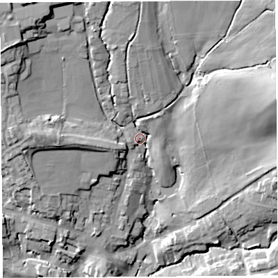 Shaded relief map of the ground around DT83FD, computed from Environment Agency LiDAR. The ground here sits at about 63 m above sea level and falls 32 m across the surrounding 800 m. Surface water reaching this point runs off ground lying to the north-west, 18.4 m higher.