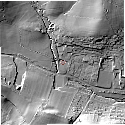 Shaded relief map of the ground around DT83FR, computed from Environment Agency LiDAR. The ground here sits at about 72 m above sea level and falls 35 m across the surrounding 800 m. Surface water reaching this point runs off ground lying to the north-north-east, 12.3 m higher.