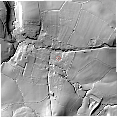 Shaded relief map of the ground around DT83HA, computed from Environment Agency LiDAR. The ground here sits at about 71 m above sea level and falls 41 m across the surrounding 800 m. Surface water reaching this point runs off ground lying to the east-north-east, 9.4 m higher.