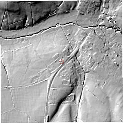 Shaded relief map of the ground around DT83HG, computed from Environment Agency LiDAR. The ground here sits at about 119 m above sea level and falls 26 m across the surrounding 800 m. Surface water reaching this point runs off ground lying to the south-south-west, 2.2 m higher.