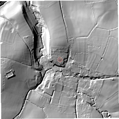 Shaded relief map of the ground around DT83HS, computed from Environment Agency LiDAR. The ground here sits at about 75 m above sea level and falls 35 m across the surrounding 800 m. Surface water reaching this point runs off ground lying to the north, 7.8 m higher.
