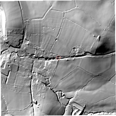 Shaded relief map of the ground around DT83HU, computed from Environment Agency LiDAR. The ground here sits at about 79 m above sea level and falls 37 m across the surrounding 800 m. Surface water reaching this point runs off ground lying to the east-north-east, 26.1 m higher.