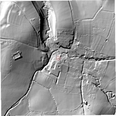 Shaded relief map of the ground around DT83HZ, computed from Environment Agency LiDAR. The ground here sits at about 71 m above sea level and falls 31 m across the surrounding 800 m. Surface water reaching this point runs off ground lying to the south, 5.8 m higher.