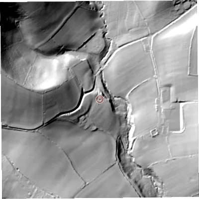 Shaded relief map of the ground around DT83JL, computed from Environment Agency LiDAR. The ground here sits at about 63 m above sea level and falls 78 m across the surrounding 800 m. Surface water reaching this point runs off ground lying to the west-south-west, 14.9 m higher.