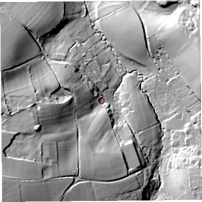 Shaded relief map of the ground around DT83LN, computed from Environment Agency LiDAR. The ground here sits at about 148 m above sea level and falls 55 m across the surrounding 800 m. Surface water reaching this point runs off ground lying to the south-west, 42.1 m higher.