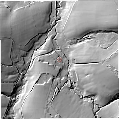 Shaded relief map of the ground around DT83LQ, computed from Environment Agency LiDAR. The ground here sits at about 101 m above sea level and falls 30 m across the surrounding 800 m. Surface water reaching this point runs off ground lying to the west-south-west, 7.4 m higher.