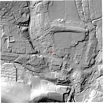 Shaded relief map of the ground around DT83LR, computed from Environment Agency LiDAR. The ground here sits at about 63 m above sea level and falls 62 m across the surrounding 800 m. Surface water reaching this point runs off ground lying to the north-north-east, 7.1 m higher.