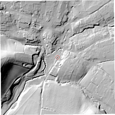 Shaded relief map of the ground around DT83LU, computed from Environment Agency LiDAR. The ground here sits at about 52 m above sea level and falls 49 m across the surrounding 800 m. Surface water reaching this point runs off ground lying to the north-east, 16.5 m higher.