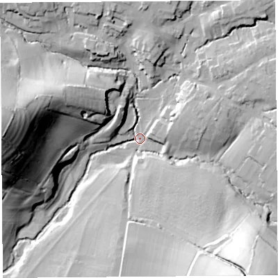 Shaded relief map of the ground around DT83LX, computed from Environment Agency LiDAR. The ground here sits at about 48 m above sea level and falls 66 m across the surrounding 800 m. Surface water reaching this point runs off ground lying to the west, 62.3 m higher.