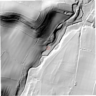 Shaded relief map of the ground around DT83LY, computed from Environment Agency LiDAR. The ground here sits at about 46 m above sea level and falls 69 m across the surrounding 800 m. Surface water reaching this point runs off ground lying to the north-north-west, 63.6 m higher.