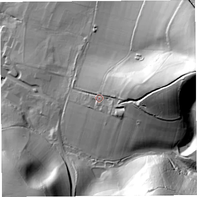 Shaded relief map of the ground around DT83LZ, computed from Environment Agency LiDAR. The ground here sits at about 70 m above sea level and falls 87 m across the surrounding 800 m. Surface water reaching this point runs off ground lying to the east, 38.8 m higher.