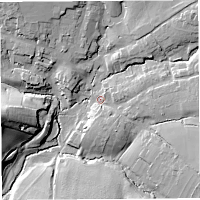 Shaded relief map of the ground around DT83NB, computed from Environment Agency LiDAR. The ground here sits at about 54 m above sea level and falls 34 m across the surrounding 800 m. Surface water reaching this point runs off ground lying to the north-east, 20.2 m higher.