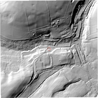 Shaded relief map of the ground around DT83NX, computed from Environment Agency LiDAR. The ground here sits at about 143 m above sea level and falls 59 m across the surrounding 800 m. Surface water reaching this point runs off ground lying to the south-west, 23.6 m higher.