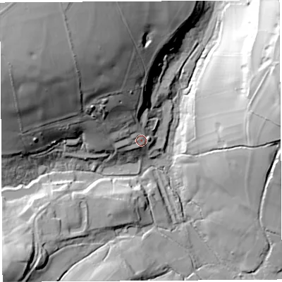 Shaded relief map of the ground around DT83NZ, computed from Environment Agency LiDAR. The ground here sits at about 150 m above sea level and falls 63 m across the surrounding 800 m. Surface water reaching this point runs off ground lying to the north-west, 43.9 m higher.