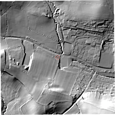 Shaded relief map of the ground around DT83PP, computed from Environment Agency LiDAR. The ground here sits at about 72 m above sea level and falls 49 m across the surrounding 800 m. Surface water reaching this point runs off ground lying to the north-west, 23.1 m higher.