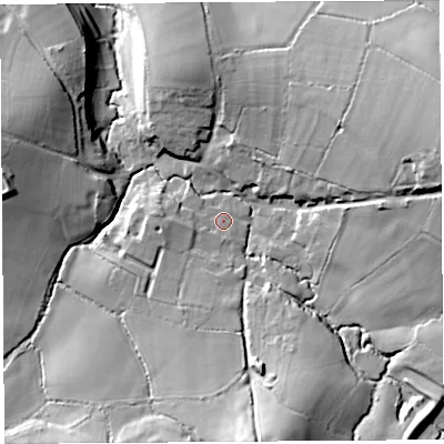 Shaded relief map of the ground around DT83PQ, computed from Environment Agency LiDAR. The ground here sits at about 70 m above sea level and falls 36 m across the surrounding 800 m. Surface water reaching this point runs off ground lying to the west-south-west, 2.3 m higher.