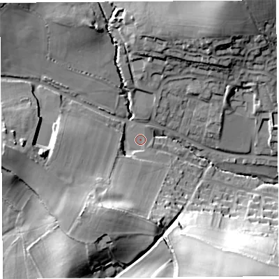 Shaded relief map of the ground around DT83PR, computed from Environment Agency LiDAR. The ground here sits at about 70 m above sea level and falls 51 m across the surrounding 800 m. Surface water reaching this point runs off ground lying to the south-south-west, 20.7 m higher.