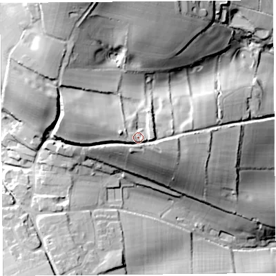 Shaded relief map of the ground around DT83QR, computed from Environment Agency LiDAR. The ground here sits at about 185 m above sea level and falls 56 m across the surrounding 800 m. Surface water reaching this point runs off ground lying to the west, 3.7 m higher.