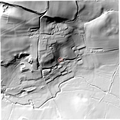 Shaded relief map of the ground around DT83QY, computed from Environment Agency LiDAR. The ground here sits at about 108 m above sea level and falls 90 m across the surrounding 800 m. Surface water reaching this point runs off ground lying to the north-north-west, 61.5 m higher.